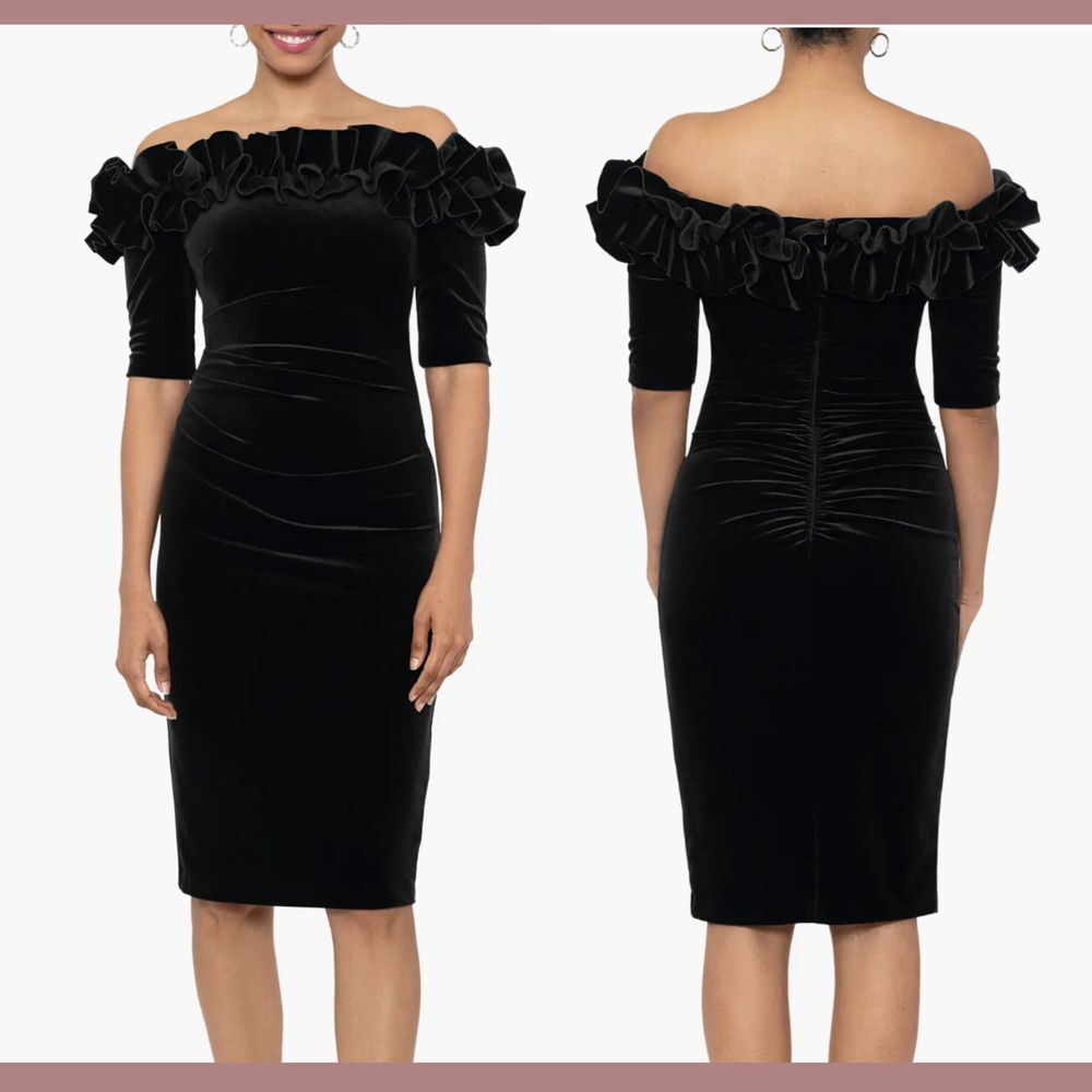 NWT $248 XSCAPE [ 6 ] Ruffle Off Shoulder‎ Velvet Sheath Dress in Black